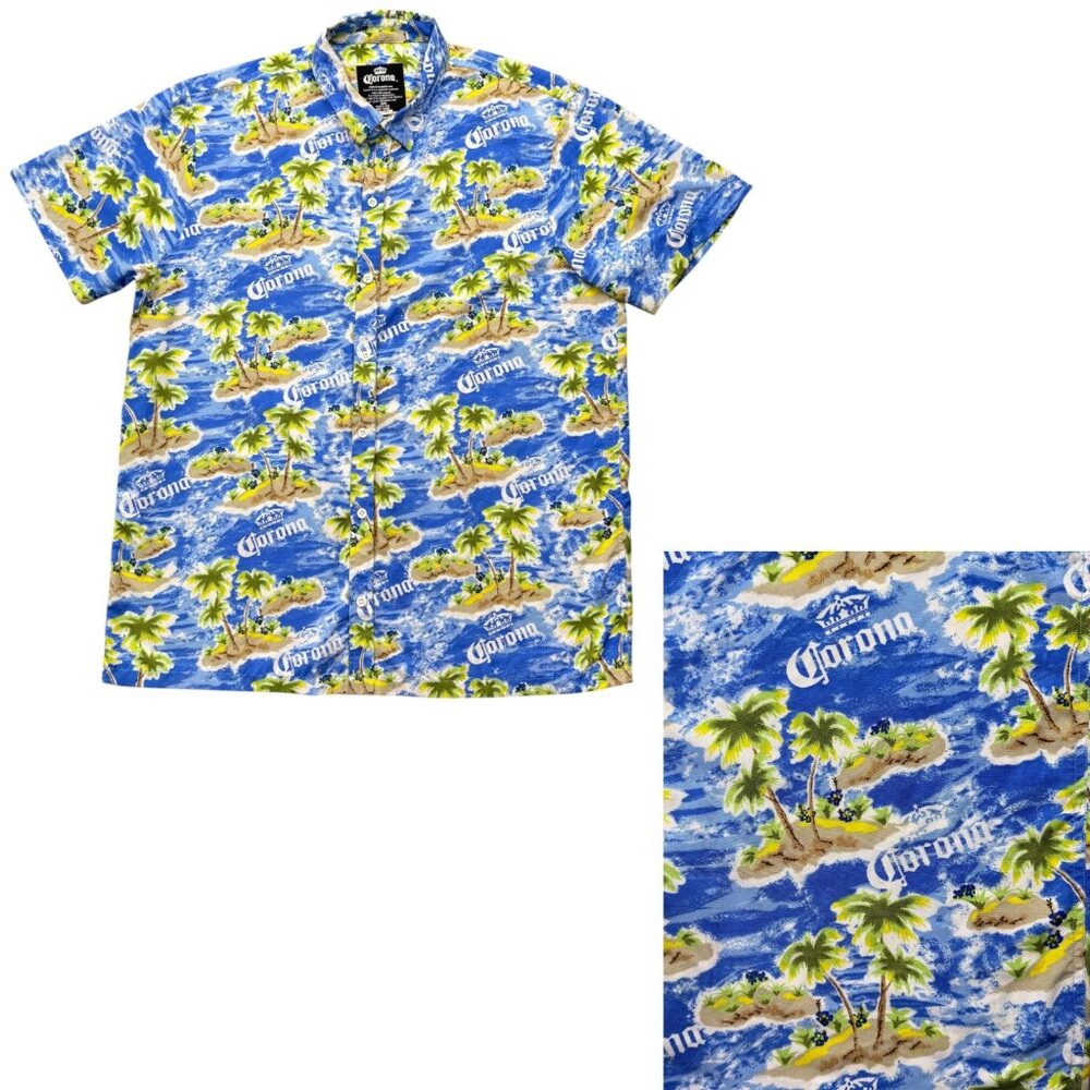 Corona Extra Hawaiian Shirt Tropical Palm Tree Island Print Button Up Mens‎ XL